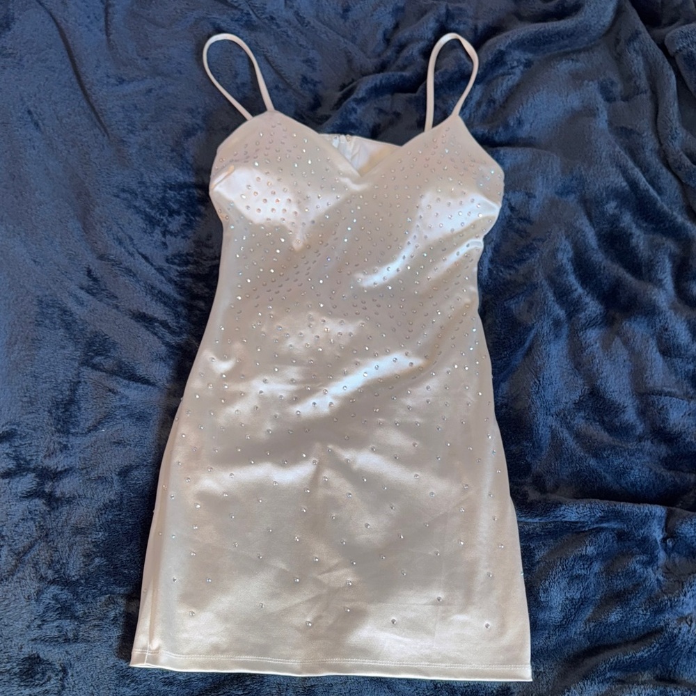 Windsor Satin Rhinestone White Spaghetti Strap Dress homecoming
